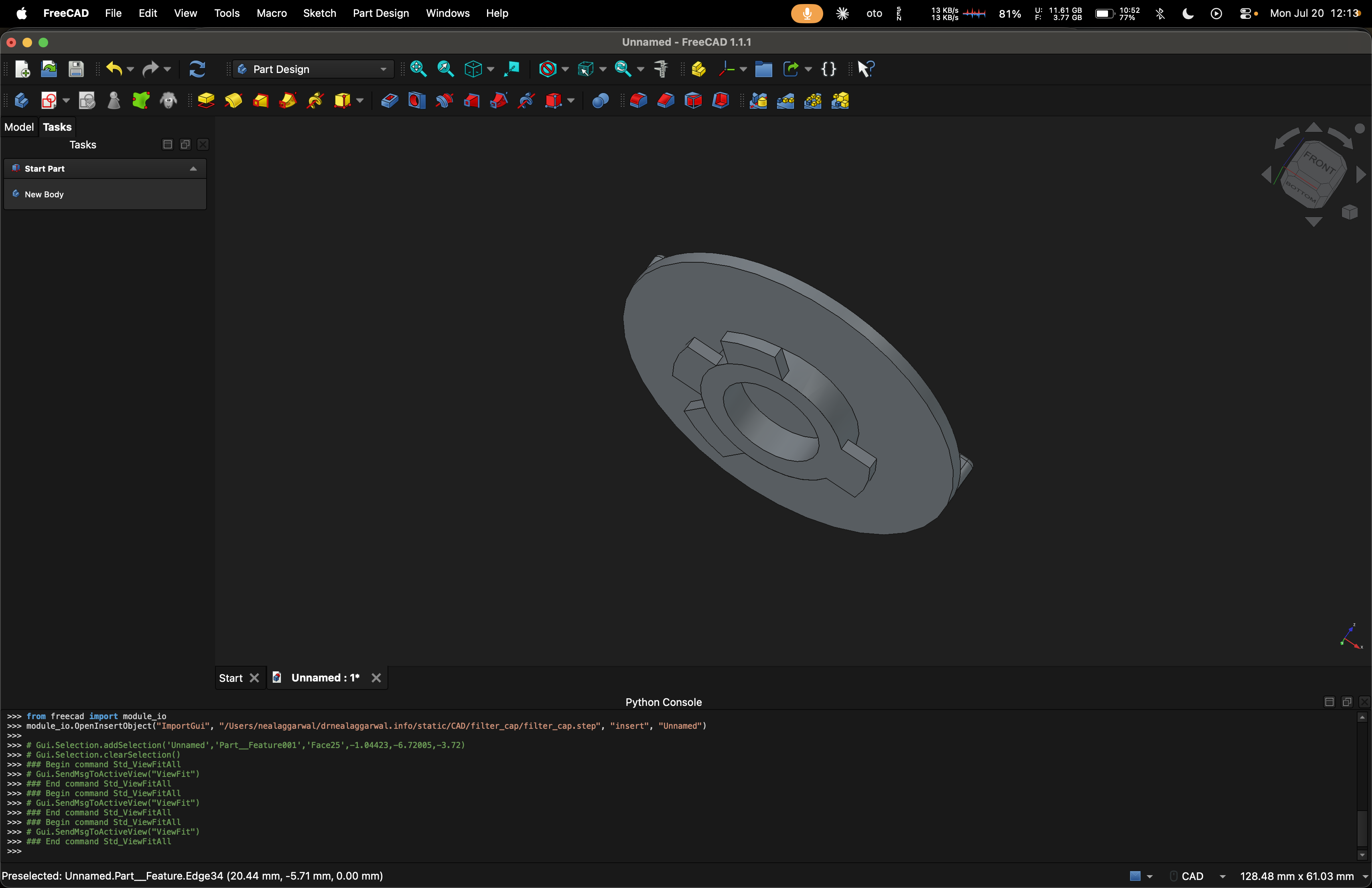 FreeCAD underside view showing the hub, central bore, and three bayonet retainer tabs