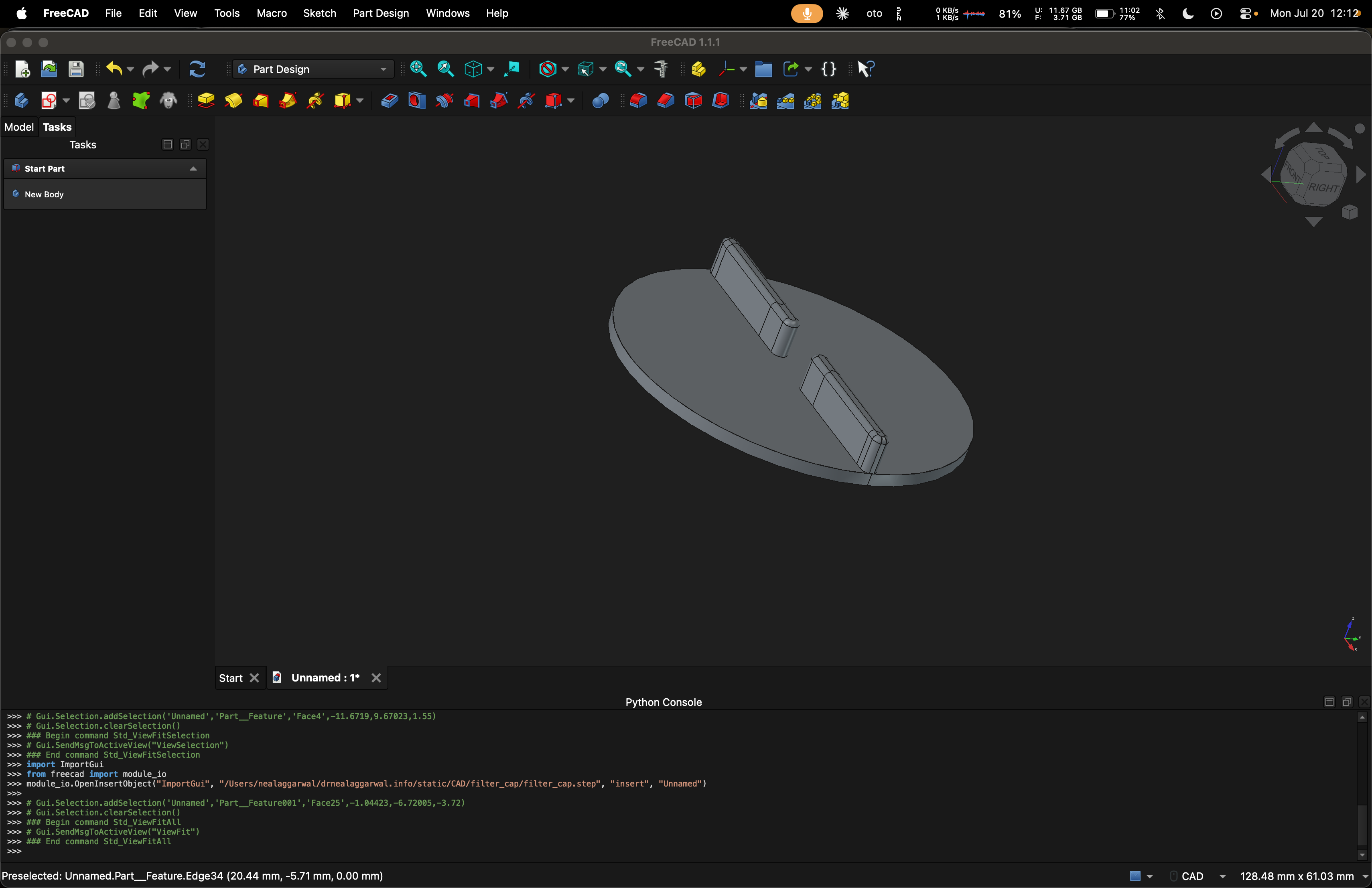 FreeCAD top view of the filter cap model showing the two locating ribs