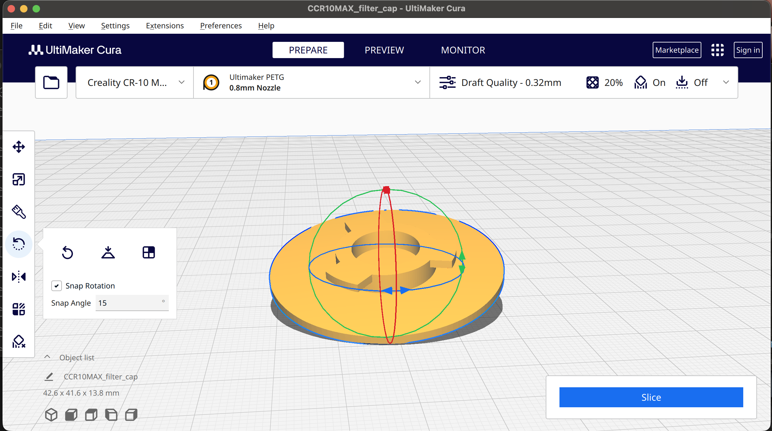 The filter cap STL loaded in UltiMaker Cura, ready to slice for 3D printing