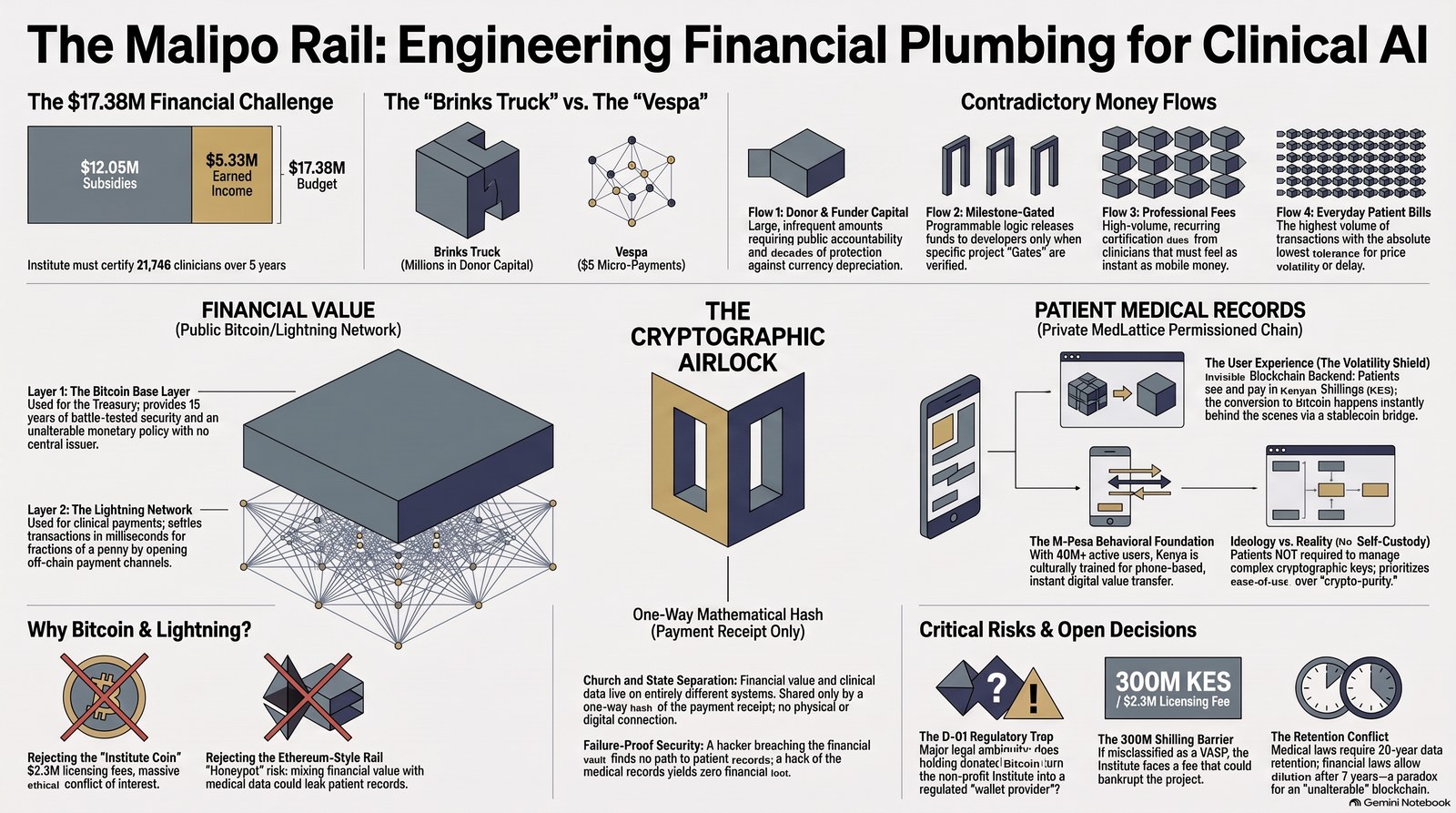 Infographic titled The Malipo Rail: Engineering Financial Plumbing for Clinical AI. Top strip, three panels. The $17.38M Financial Challenge: a bar splitting the five-year budget into $12.05M in subsidies and $5.33M in earned income, noting the Institute must certify 21,746 clinicians over five years. The Brinks Truck vs. the Vespa: a solid armoured block labelled Brinks Truck for millions in donor capital that needs decades of protection against currency depreciation, beside a light mesh network labelled Vespa for five-dollar micropayments, illustrating four contradictory money flows the rail has to serve at once — donor and funder capital, milestone-gated development funding, recurring professional fees, and high-volume, low-tolerance everyday patient bills. Middle band, three panels under one spanning diagram. On the left, a stacked block for Financial Value on the public Bitcoin and Lightning network: Layer 1, the Bitcoin base layer, used for the treasury, fifteen years of battle-tested security and no central issuer; Layer 2, the Lightning Network, used for clinical payments, settling in milliseconds for fractions of a cent through off-chain payment channels. In the centre, a two-toned shield icon labelled The Cryptographic Airlock: a one-way mathematical hash carrying a payment receipt only, described as a church-and-state separation between financial value and clinical data — a hacker breaching the financial vault finds no path to patient records, and a breach of the medical records yields zero financial loot. On the right, a diagram of Patient Medical Records on the private MedLattice permissioned chain: patients see and pay in Kenyan Shillings, with conversion to Bitcoin happening invisibly behind the scenes via a stablecoin bridge; a note on the M-Pesa behavioural foundation, Kenya's 40 million-plus active users already trained for phone-based instant value transfer; and a note that patients are not required to self-custody complex cryptographic keys, prioritising ease of use over crypto purism. Bottom strip, two panels. Why Bitcoin and Lightning: a crossed-out coin icon rejecting an Institute-issued coin over licensing fees and conflict-of-interest concerns, and a crossed-out block-and-chain icon rejecting an Ethereum-style rail over the honeypot risk of mixing financial value with medical data. Critical Risks and Open Decisions: the D-01 regulatory trap — whether holding donated bitcoin turns the non-profit Institute into a regulated wallet provider; the 300 million KES licensing-fee barrier that could bankrupt the project if the Institute is misclassified as a VASP; and the retention conflict between 20-year medical-record retention law and financial-privacy rules that allow deletion after seven years — a paradox for a supposedly unalterable blockchain.