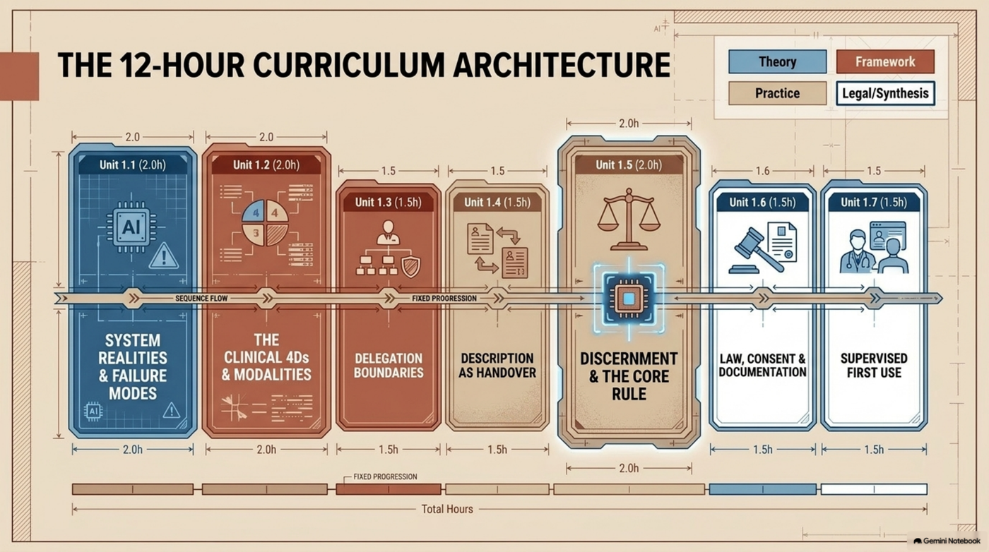 Slide from the Foundations deck — the twelve-hour curriculum architecture showing all seven units and their durations