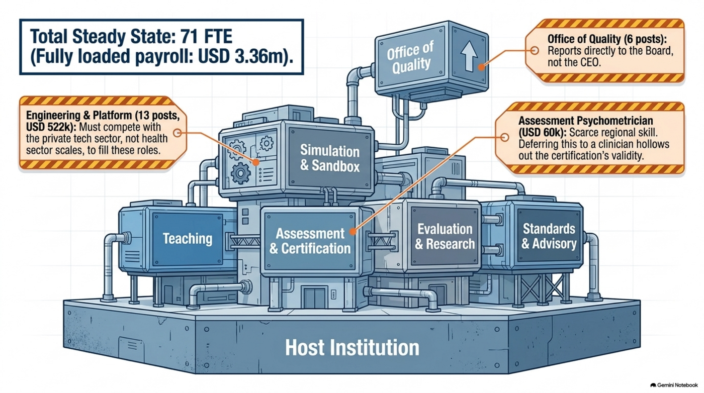 Slide from the Strategic Case deck — the Institute's five functions on the host institution's foundation, annotated with the 71 FTE establishment